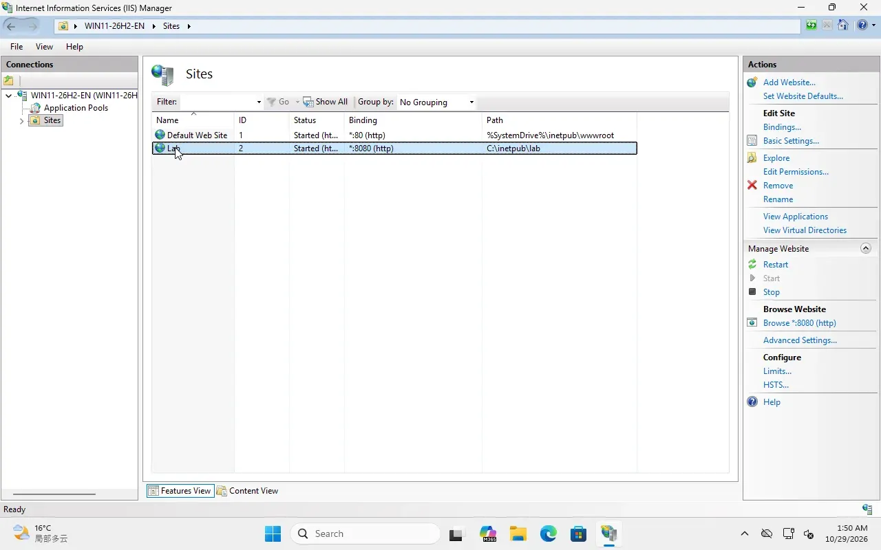 IIS Manager Lab site selected, showing the binding on port 8080 and the actions pane.