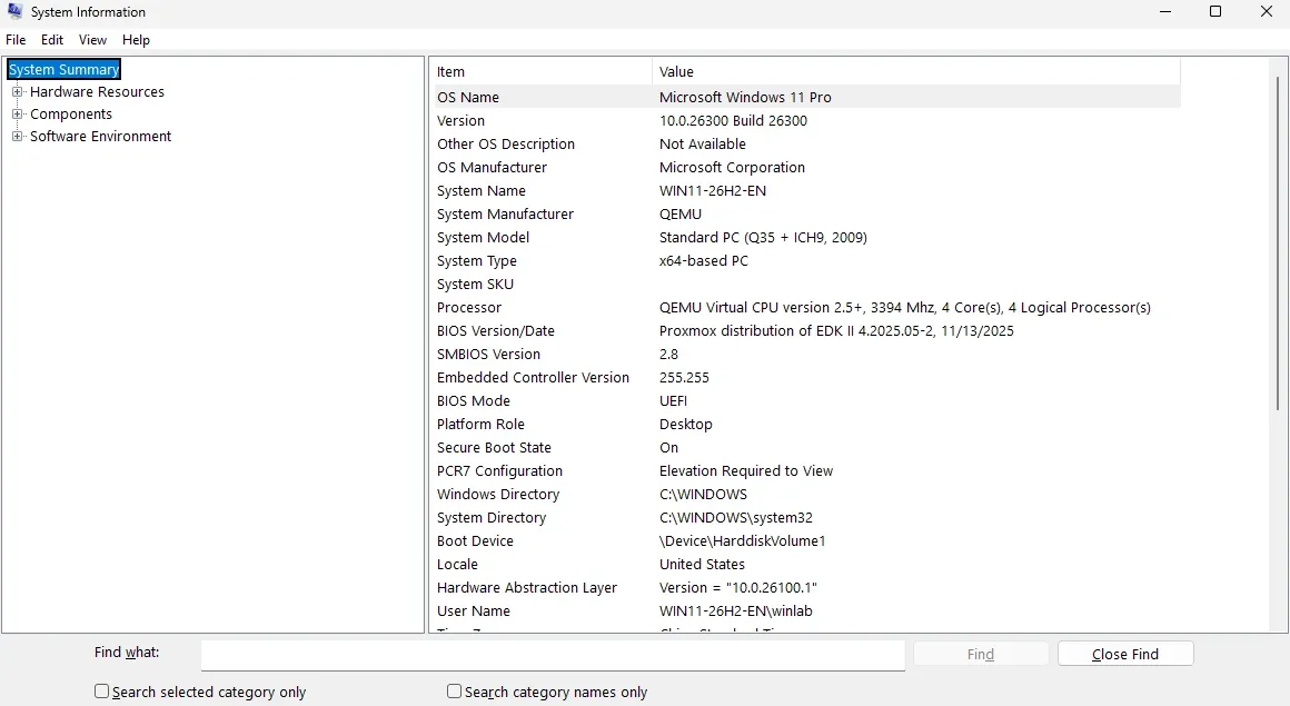 msinfo32 on Windows 11 Pro 26H2 showing build 26300, UEFI and Secure Boot On.