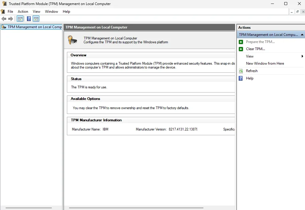 TPM Management console showing The TPM is ready for use, manufacturer IBM.